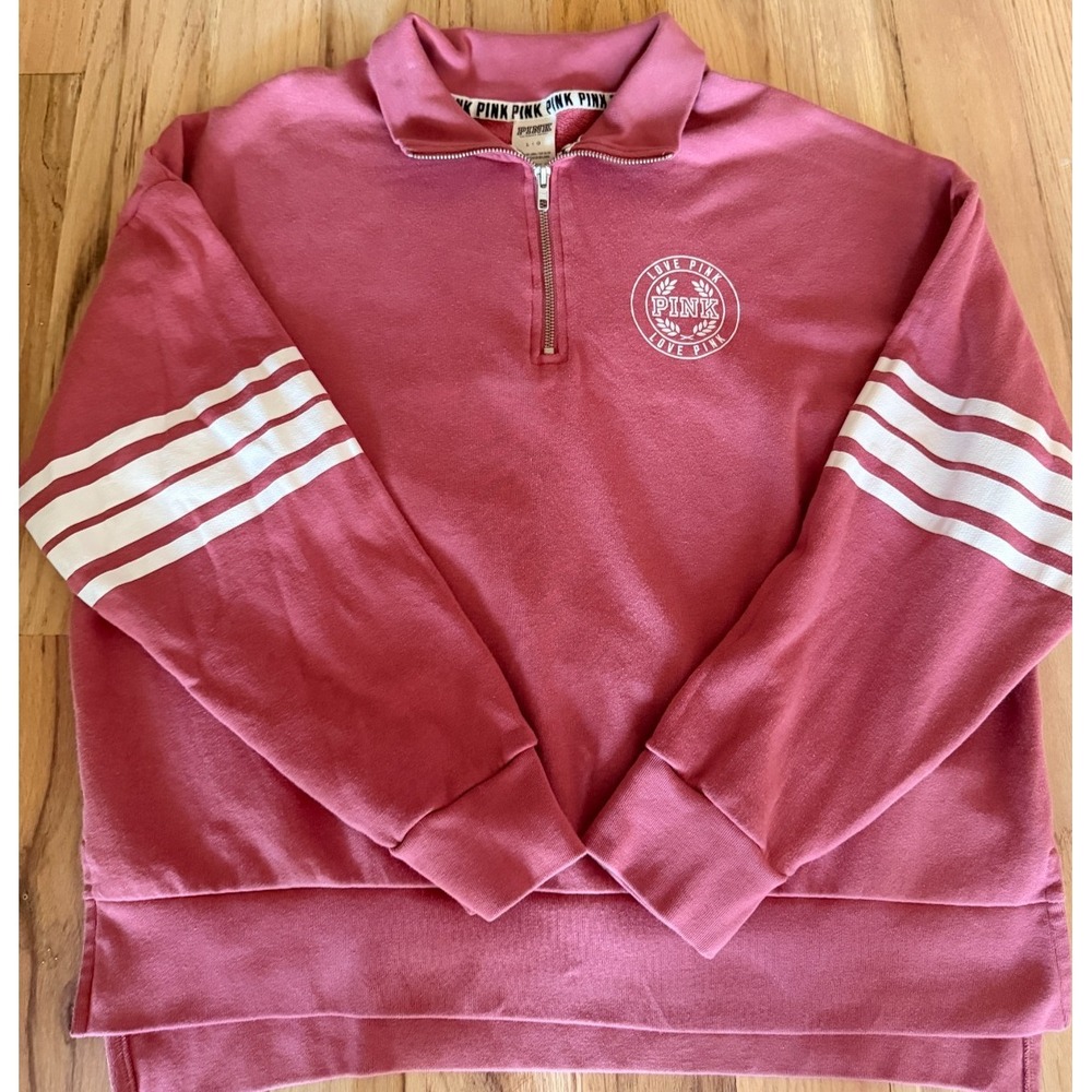 PINK Victoria's Secret Half-Zip Sweatshirt Rose Pink Varsity Stripe Size Large